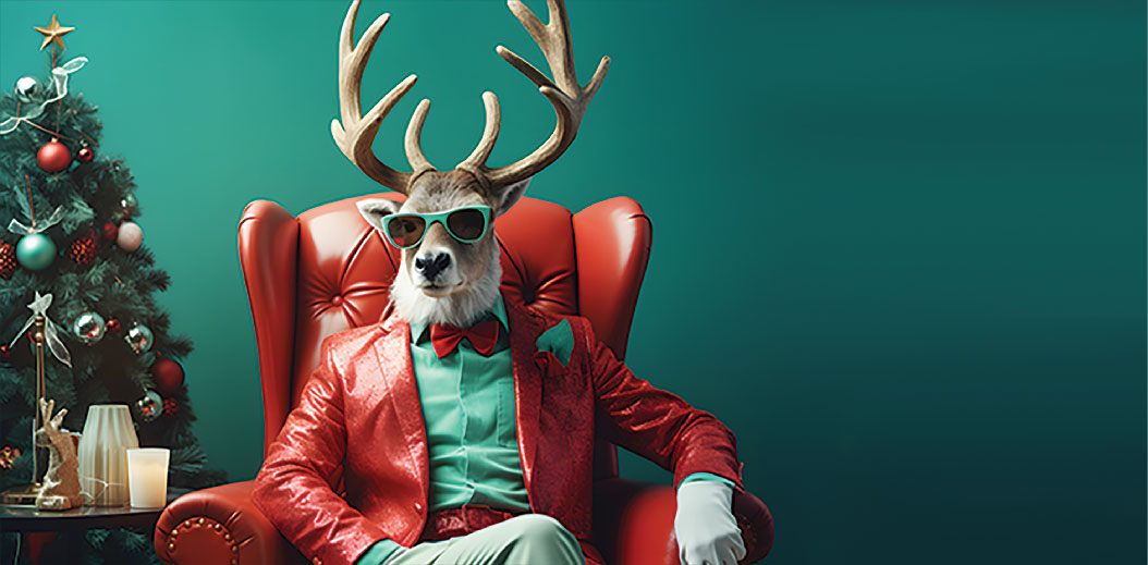 Suave looking reindeer in a red suit and green shirt sitting in a red leather chair next to a Christmas Tree