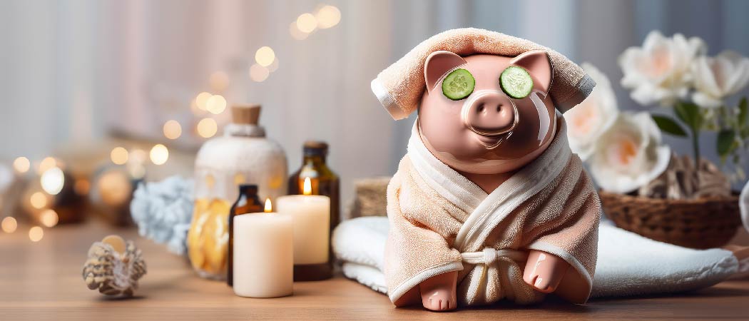 Piggy bank relaxing in a luxurious robe with cucumbers over its eyes