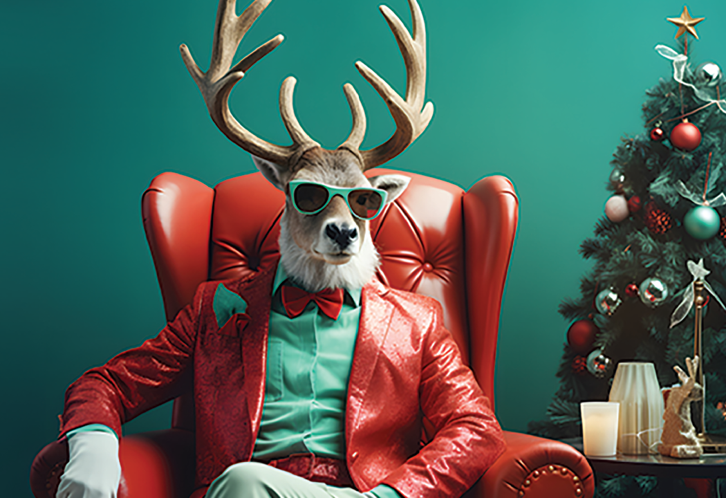 Suave looking reindeer in a red suit and green shirt sitting in a red leather chair next to a Christmas Tree