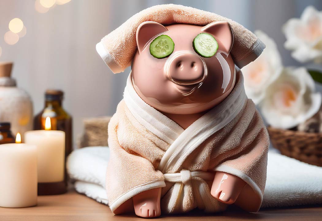 Piggy bank relaxing in a luxurious robe with cucumbers over its eyes